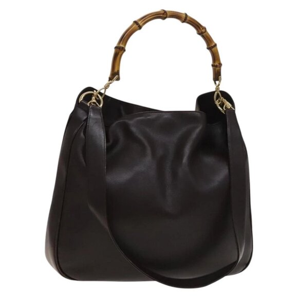 GUCCI Bamboo Hand Bag Leather 2way Brown Gold 001 1998 1577 Auth th6247 - Picture 1 of 16